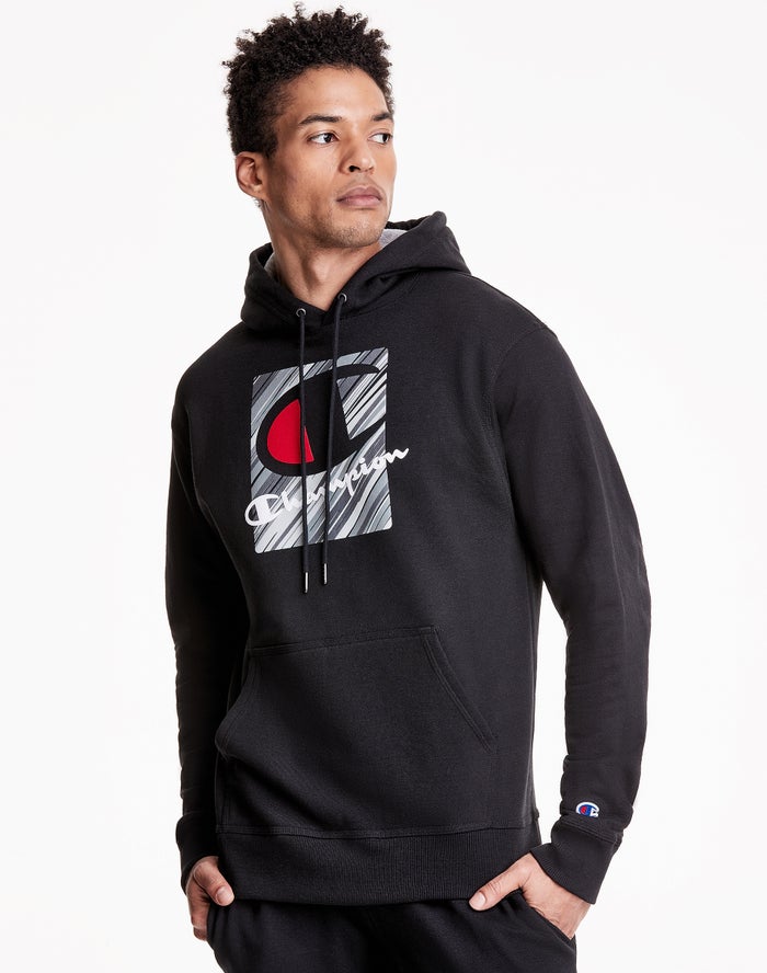 Champion Powerblend Fleece Inset Rectangle Logo  Hoodie Heren - Zwart - Belgie 0426EWKSI